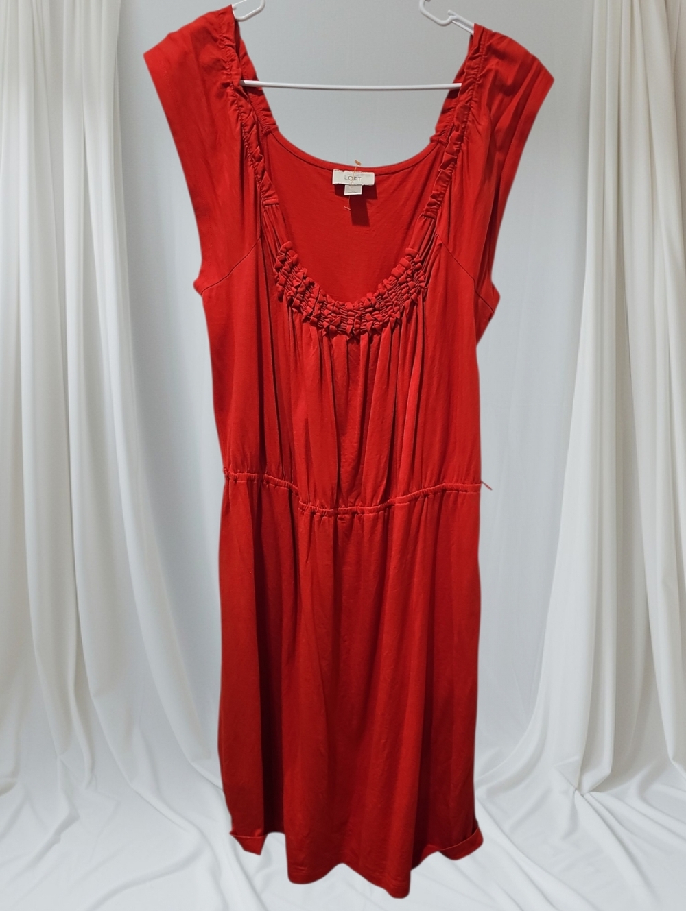 LOFT Red Scoop-Neck Midi Dress with Gathered Yoke